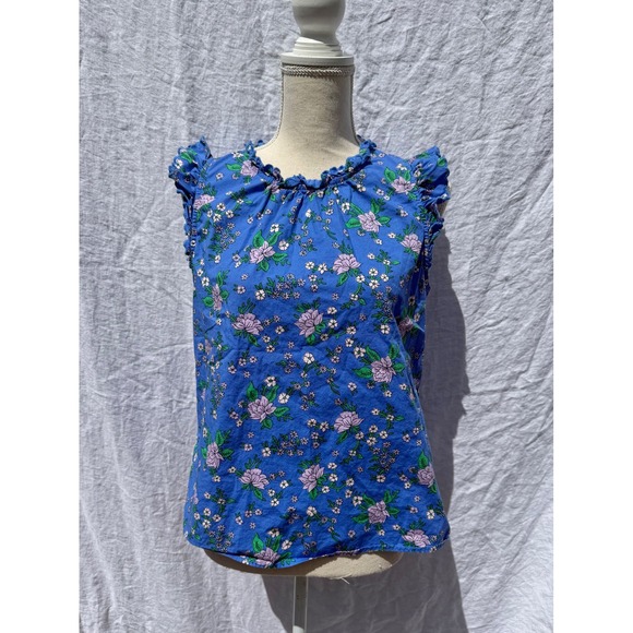 J.Crew Tops - J.Crew Ruffle Neck Blouse Womens Blue Floral Flutter Sleeve Top Size M